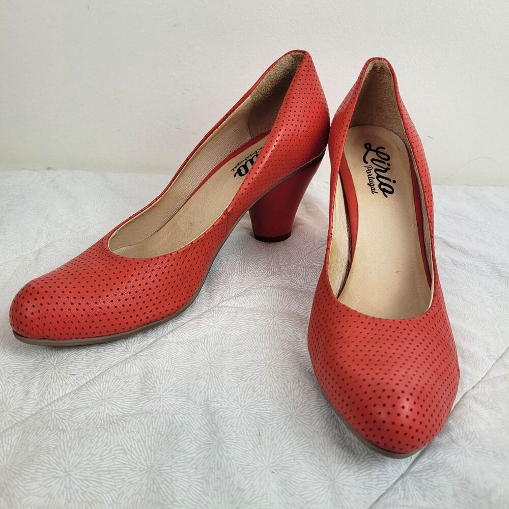 Lirio Portugal Perforated Leather Almond Toe Cone Heels Coral Orange Pinup 8 - Picture 3 of 13